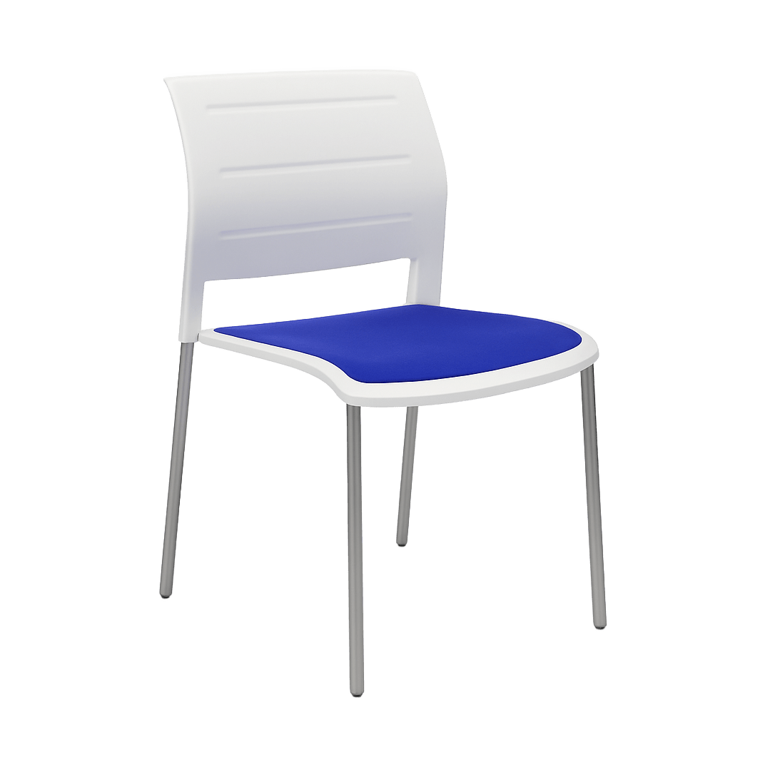 Game Chair White Shell with Upholstered Seat & Moulded Plastic Back 4 Leg Silver Blue - Office Furniture Company
