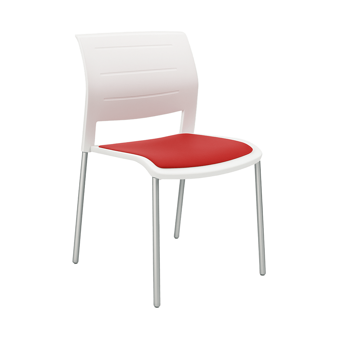 Game Chair White Shell with Upholstered Seat & Moulded Plastic Back 4 Leg Silver Red - Office Furniture Company