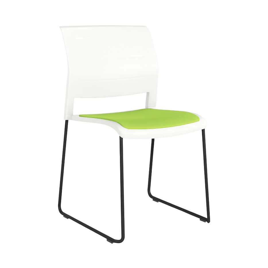 Game Chair White Shell with Upholstered Seat & Moulded Plastic Back Sled Base Black Green (Lime) - Office Furniture Company