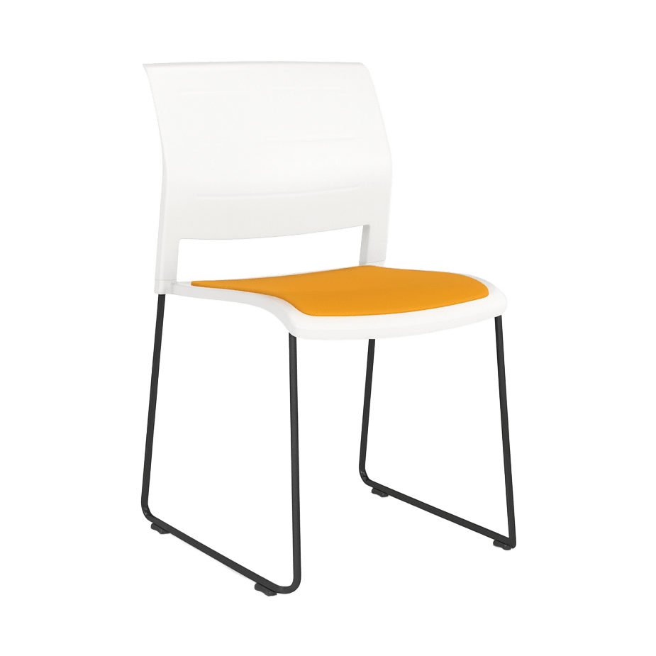 Game Chair White Shell with Upholstered Seat & Moulded Plastic Back Sled Base Black Orange - Office Furniture Company