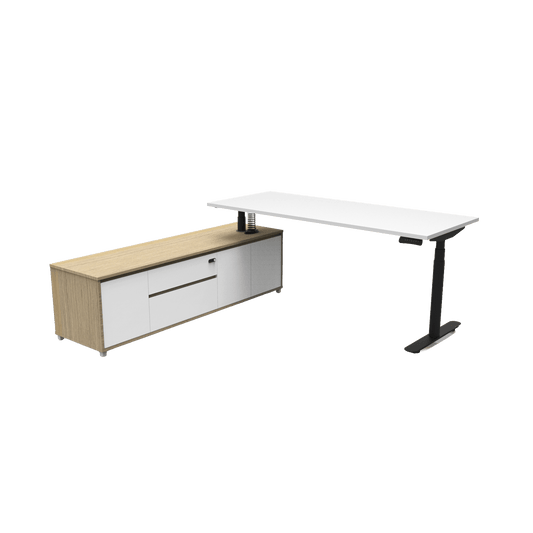 Halo+ Executive Desk with Cabinet in Black Frame White Top 1800x1800x750 LHS Cabinet Return Yes