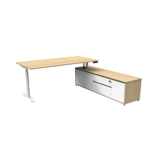 Halo+ Executive Desk with Cabinet in White Frame Oak Top 1800x1800x750 LHS Cabinet Return Yes