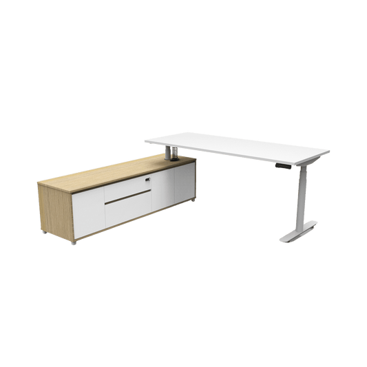 Halo+ Executive Desk with Cabinet in White Frame White Top 1800x1800x750 LHS Cabinet Return Yes
