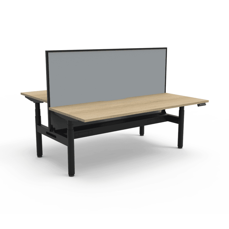 Halo Plus Back to Back Height Adjustable Workstations 1200x750 Natural Oak Top / Black Frame With Cable Tray With Screen