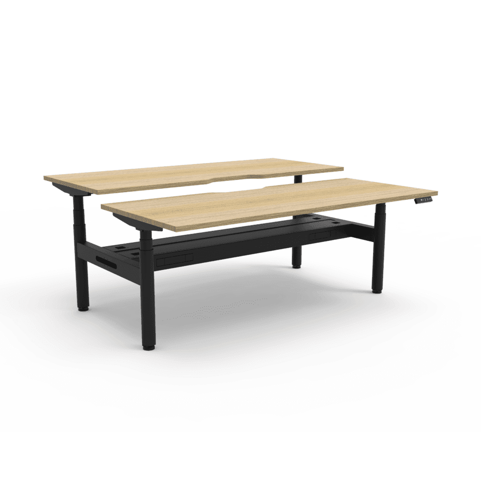 Halo Plus Back to Back Height Adjustable Workstations 1200x750 Natural Oak Top / Black Frame With Cable Tray/No Screen