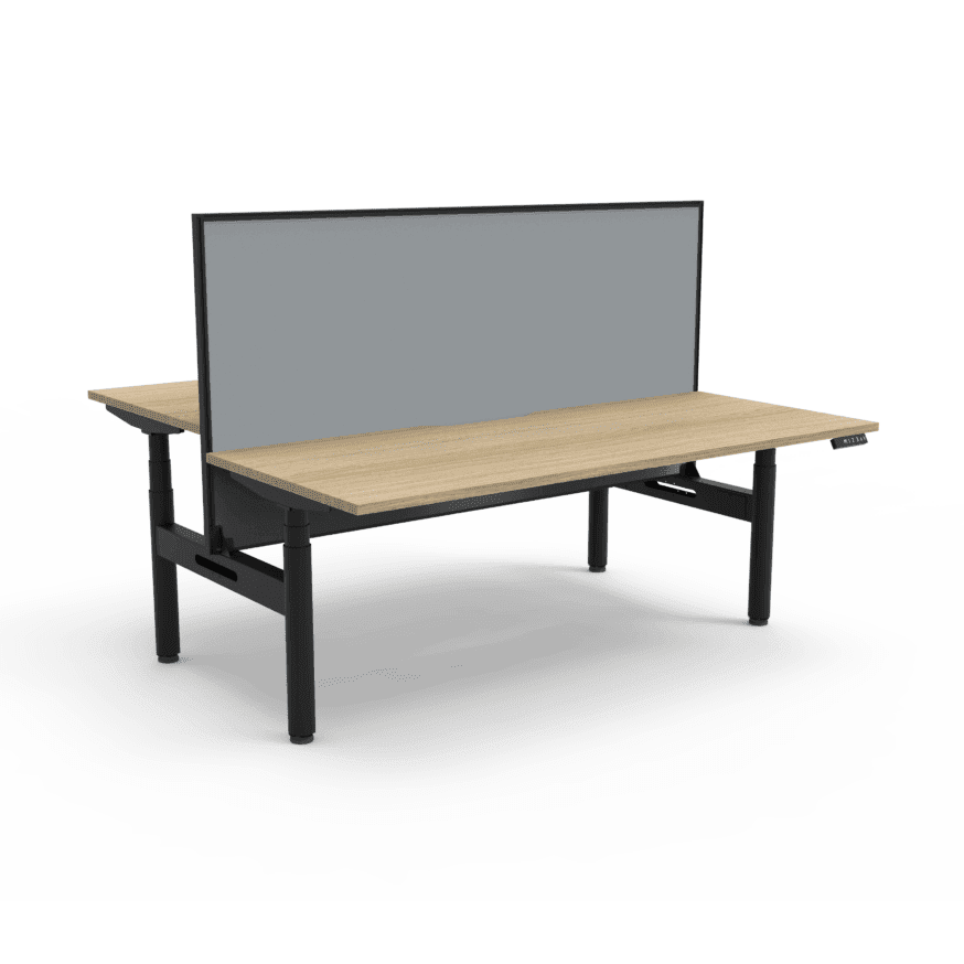Halo Plus Back to Back Height Adjustable Workstations 1200x750 Natural Oak Top / Black Frame No Cable Tray/With Screen