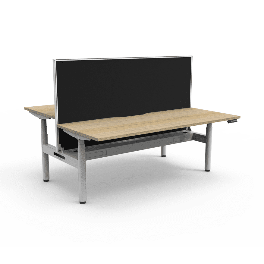 Halo Plus Back to Back Height Adjustable Workstations 1200x750 Natural Oak Top / White Frame With Cable Tray With Screen