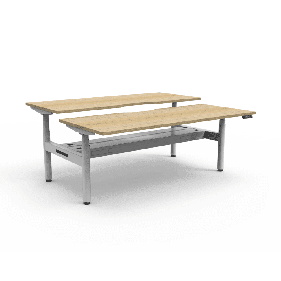 Halo Plus Back to Back Height Adjustable Workstations 1200x750 Natural Oak Top / White Frame With Cable Tray/No Screen