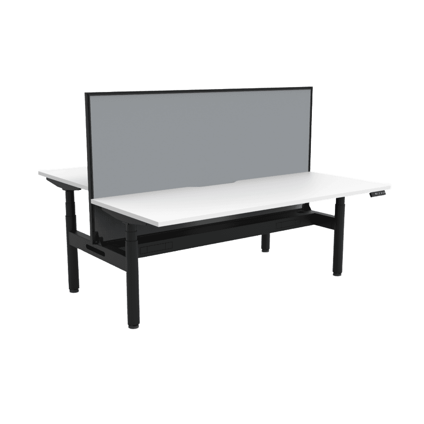 Halo Plus Back to Back Height Adjustable Workstations 1200x750 White Top / Black Frame With Cable Tray With Screen