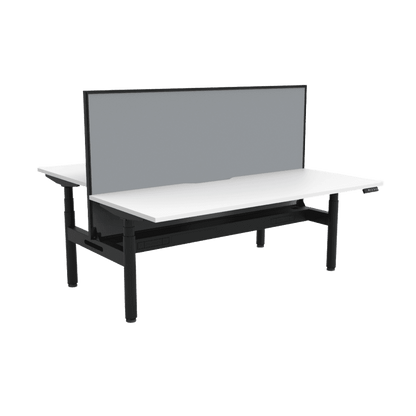 Halo Plus Back to Back Height Adjustable Workstations 1200x750 White Top / Black Frame With Cable Tray With Screen