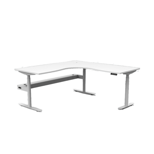 Halo Plus Corner Electric Height Adjustable Desk 1500 X 1500 Natural White Top & White Frame With Cable Tray/Without Screen - Office Furniture Company