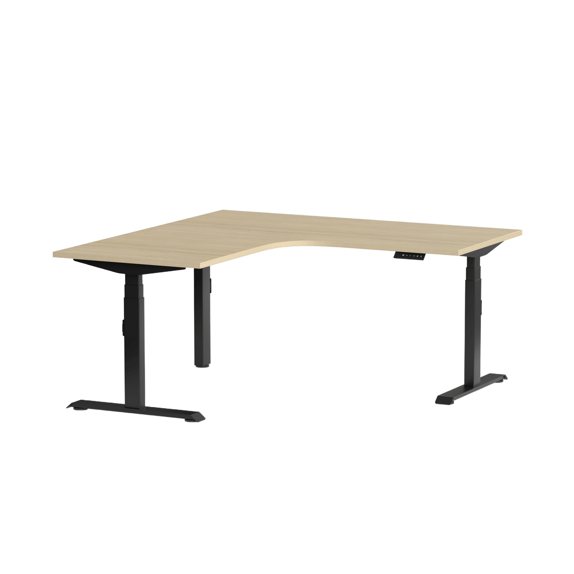 Klass Corner Height Adjustable Desk with Left - Hand Return 1800x1800x600 Black New Oak Smooth - Office Furniture Company