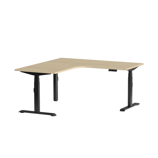 Klass Corner Height Adjustable Desk with Left - Hand Return 1800x1800x600 Black New Oak Smooth - Office Furniture Company