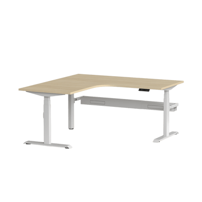 Klass Corner Height Adjustable Desk with Left - Hand Return and Cable Management 1800x1800x600 White New Oak Smooth - Office Furniture Company