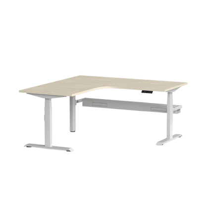 Klass Corner Height Adjustable Desk with Left - Hand Return and Cable Management 1800x1800x600 White Nordic Maple - Office Furniture Company