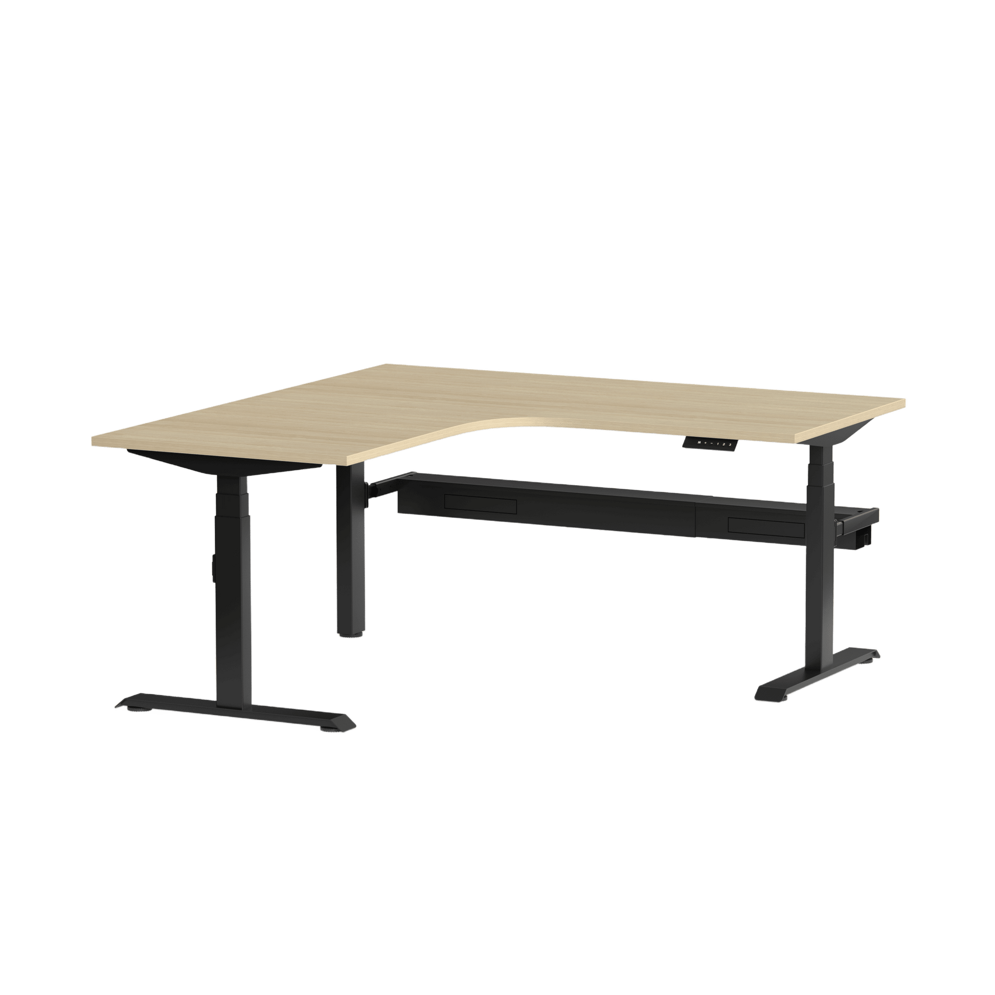 Klass Corner Height Adjustable Desk with Right - Hand Return and Cable Management 1800x1800x600 Black New Oak Smooth - Office Furniture Company