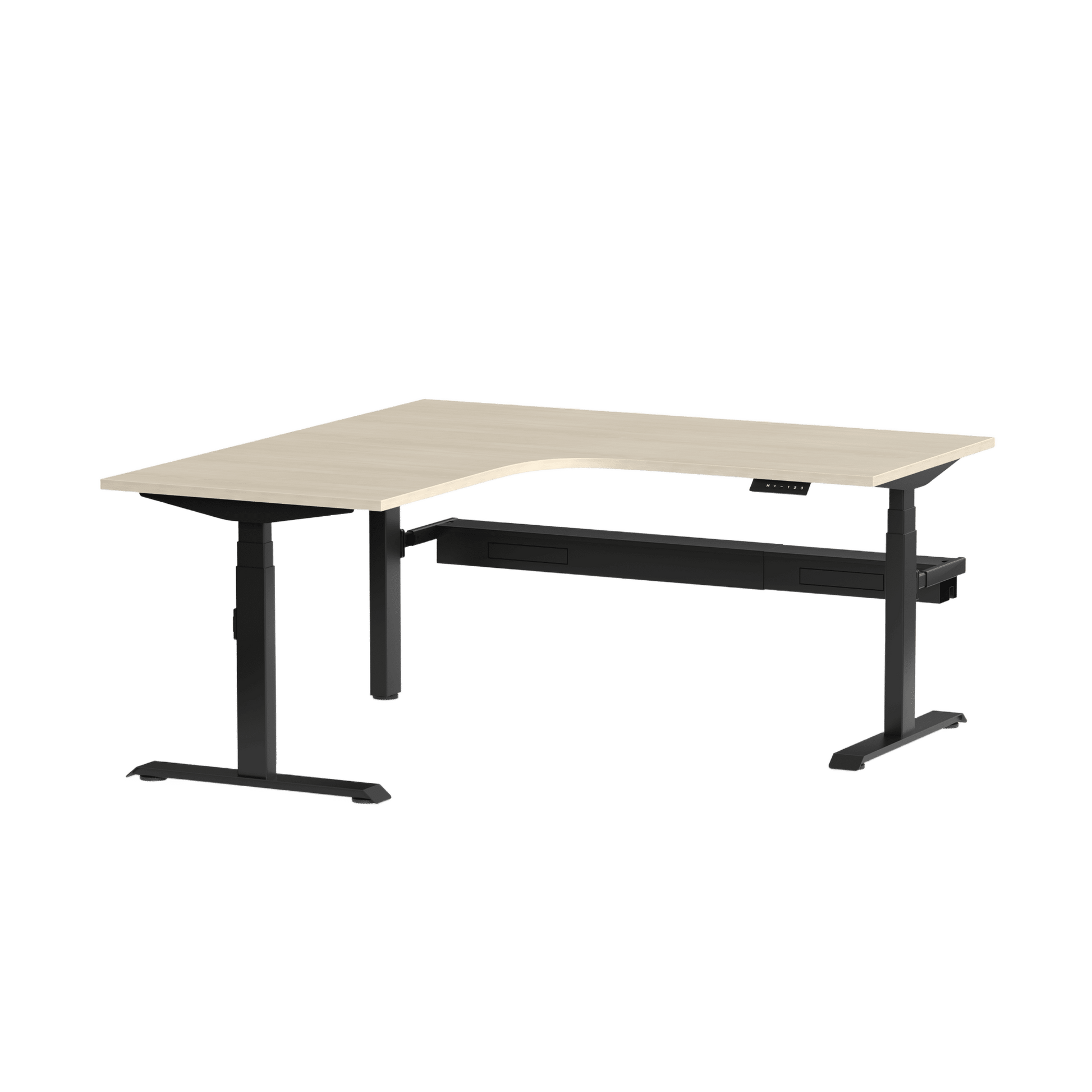 Klass Corner Height Adjustable Desk with Right - Hand Return and Cable Management 1800x1800x600 Black Nordic Maple - Office Furniture Company