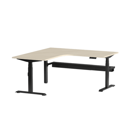 Klass Corner Height Adjustable Desk with Right - Hand Return and Cable Management 1800x1800x600 Black Nordic Maple - Office Furniture Company