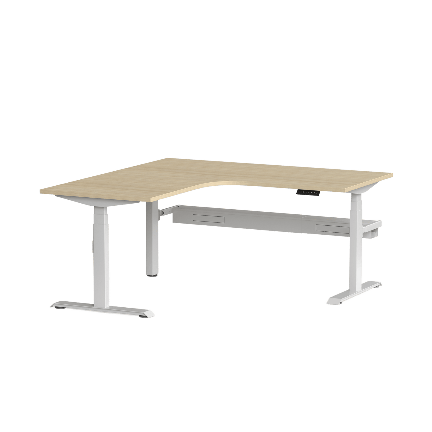 Klass Corner Height Adjustable Desk with Right - Hand Return and Cable Management 1800x1800x600 White New Oak Smooth - Office Furniture Company