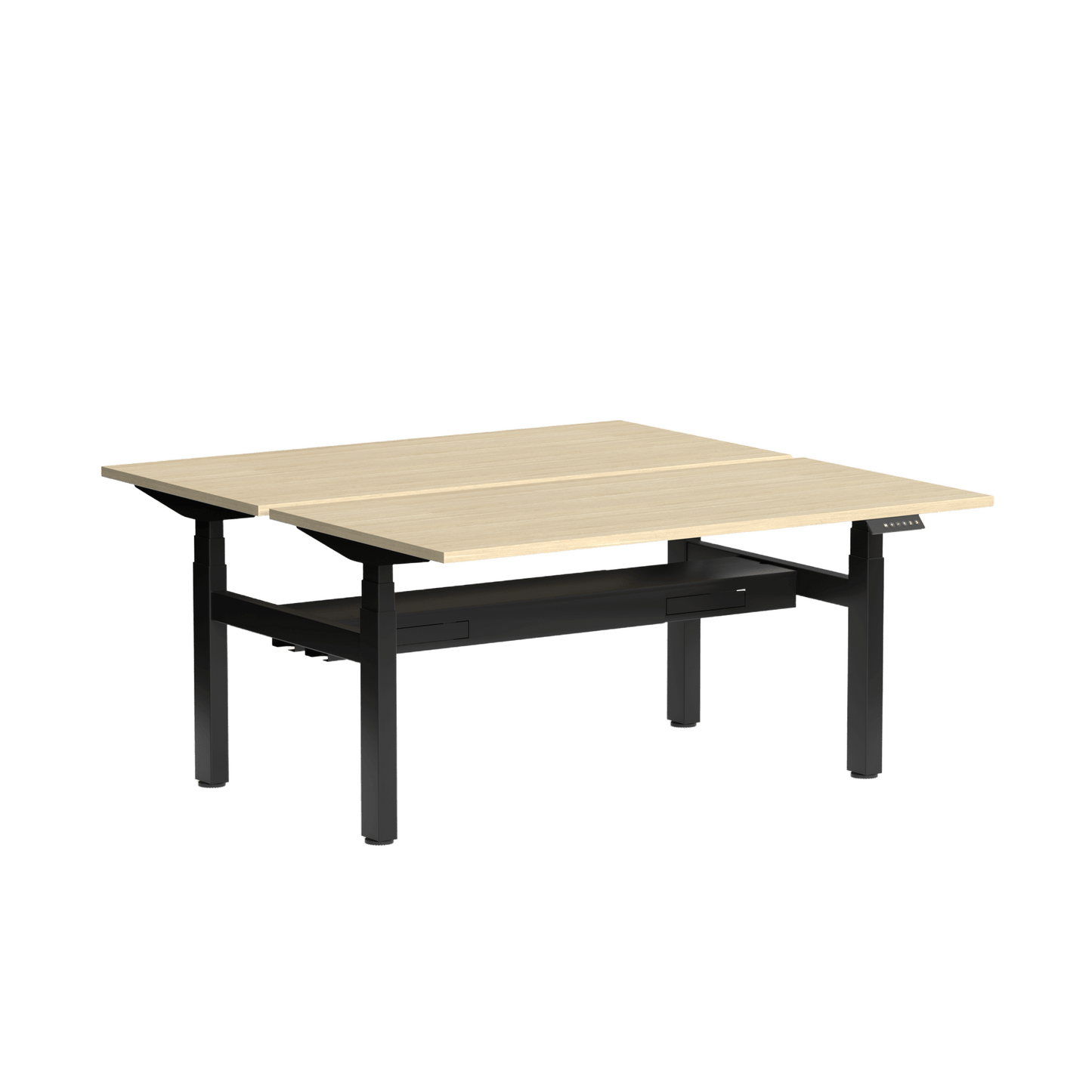 Klass Double Sided 2 Person Height Adjustable Desk with Cable Management 1200x600 / Black Powdercoat / New Oak Smooth