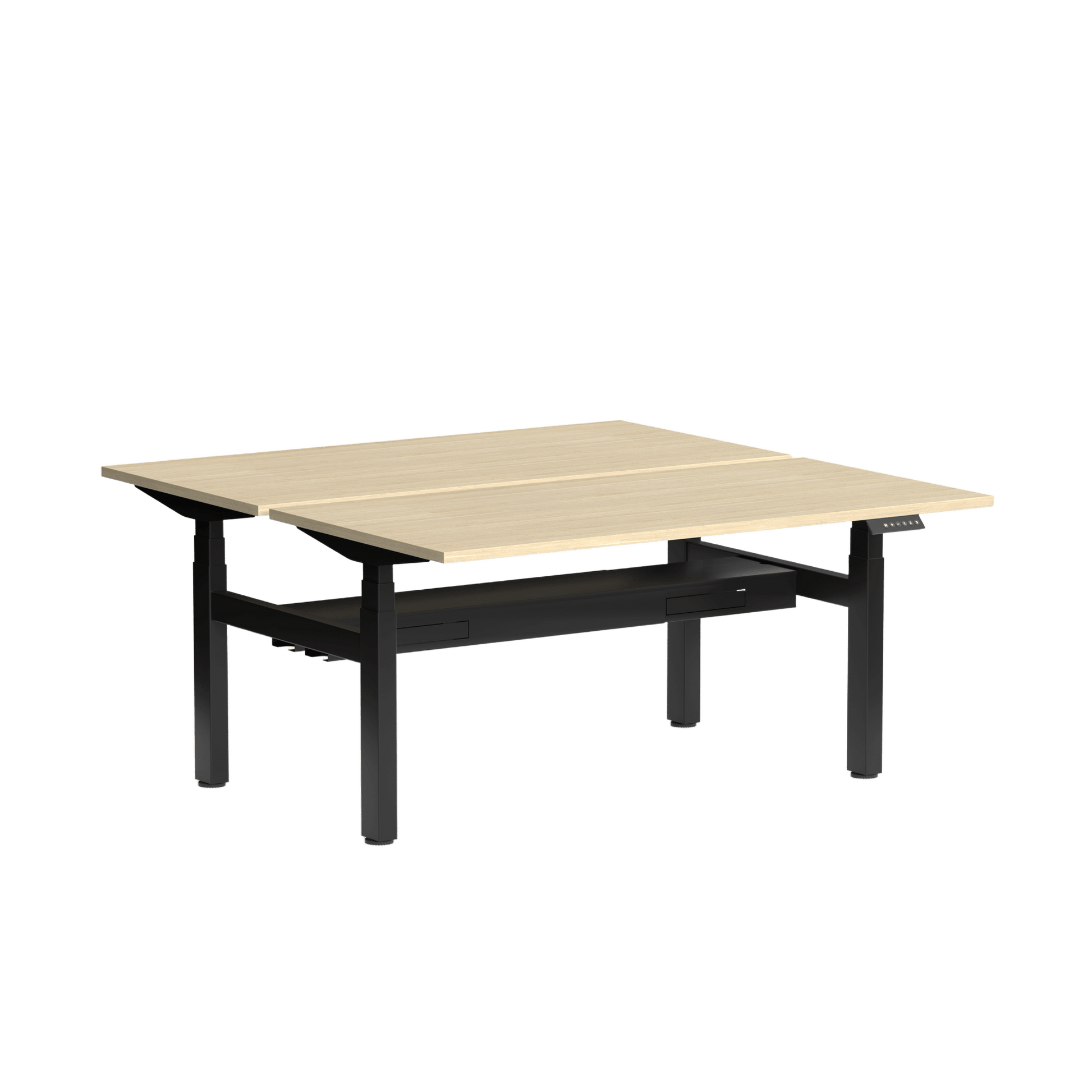Klass Double Sided 2 Person Height Adjustable Desk with Cable Management 1200x600 / Black Powdercoat / New Oak Smooth