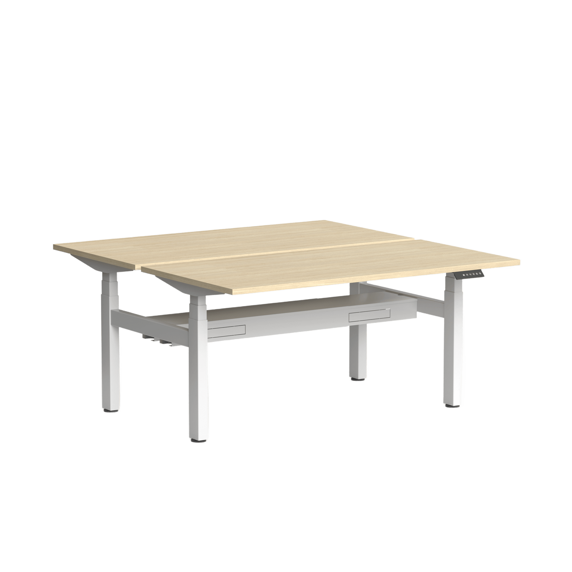 Klass Double Sided 2 Person Height Adjustable Desk with Cable Management 1200x600 / White Powdercoat / New Oak Smooth