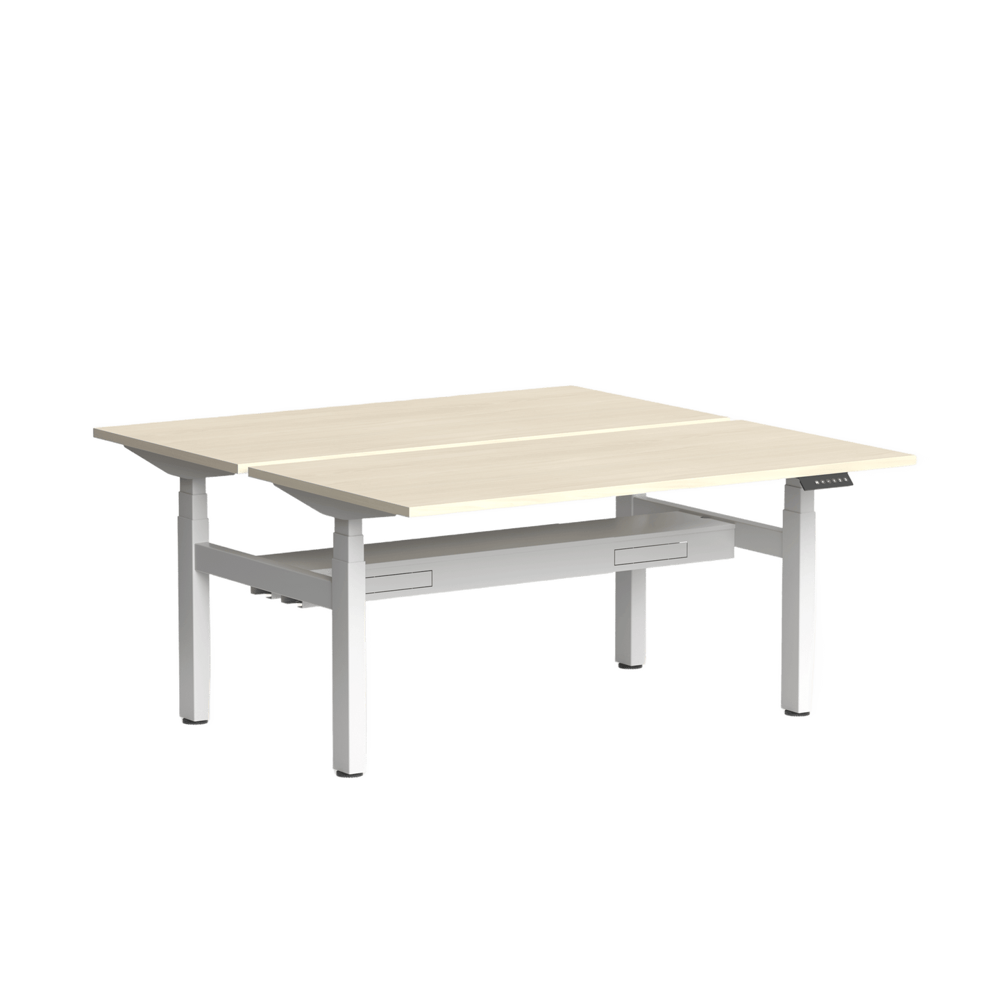 Klass Double Sided 2 Person Height Adjustable Desk with Cable Management 1200x600 / White Powdercoat / Nordic Maple