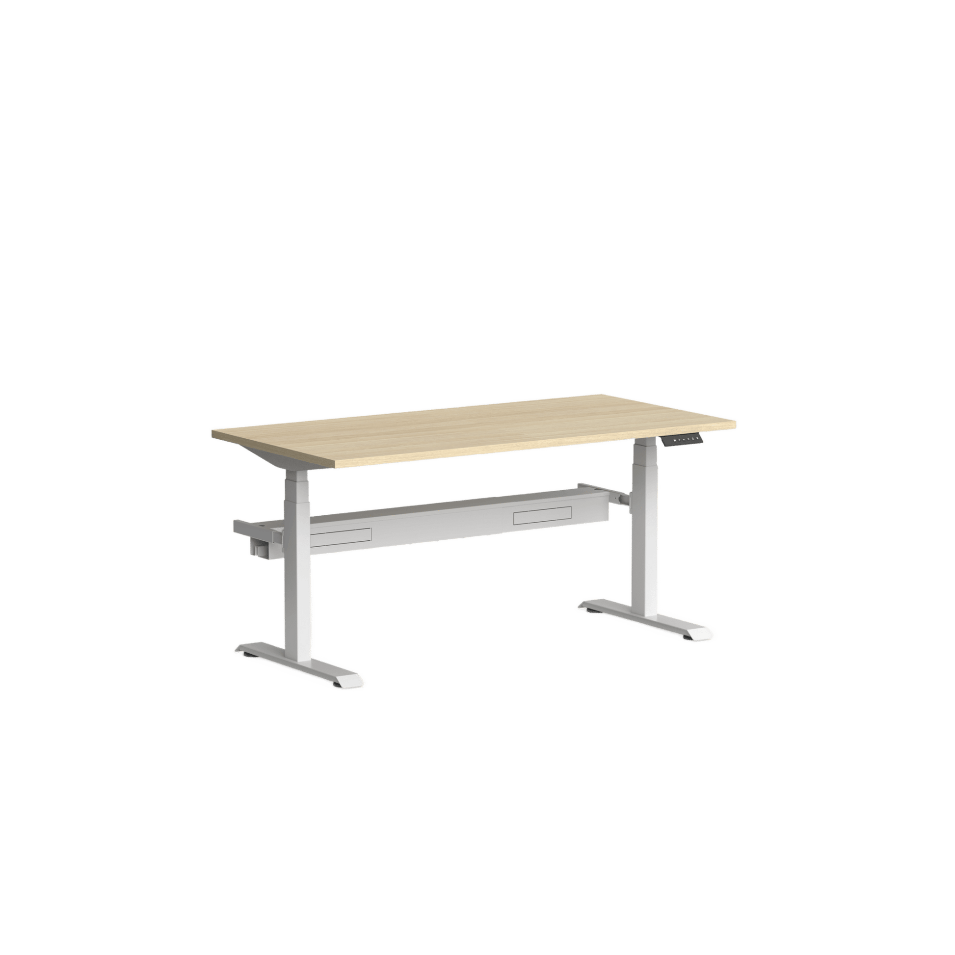 Klass Single Straight Height Adjustable Desk with Cable Management 1200x600 White New Oak Smooth - Office Furniture Company