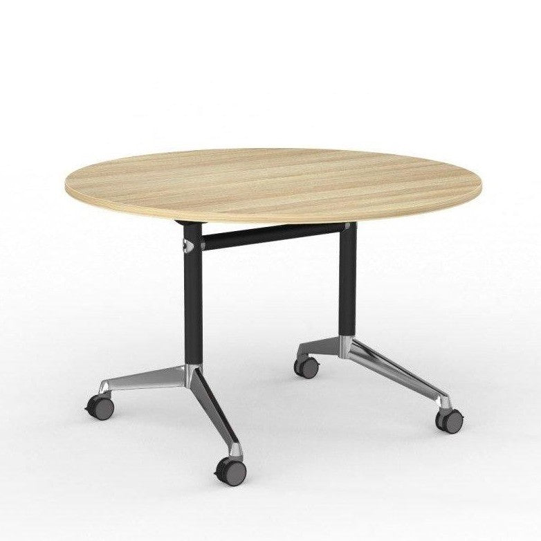Modulus Flip Folding Mobile Office Table 1200 Round / Black Powdercoat / New Oak