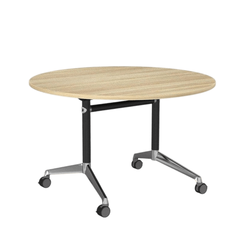 Modulus Flip Folding Mobile Office Table 1200 Round Black Powdercoat New Oak