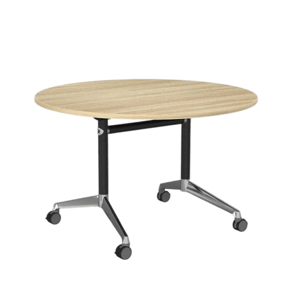 Modulus Flip Folding Mobile Office Table 1200 Round Black Powdercoat New Oak