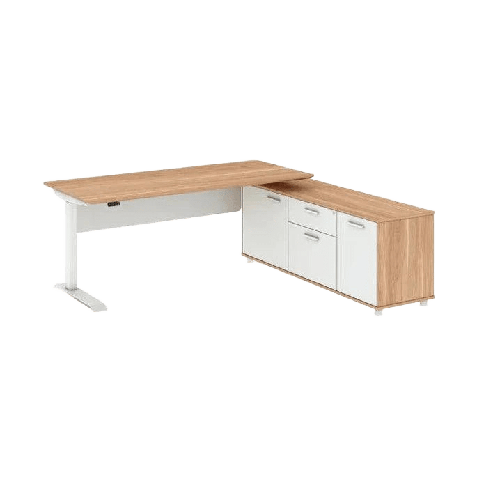 Potenza Height Adjustable Desk With Return Walnut - White Left Hand Side - Office Furniture Company