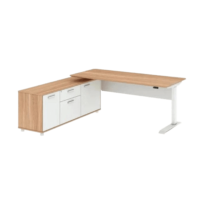 Potenza Height Adjustable Desk With Return Walnut - White Right Hand Side - Office Furniture Company
