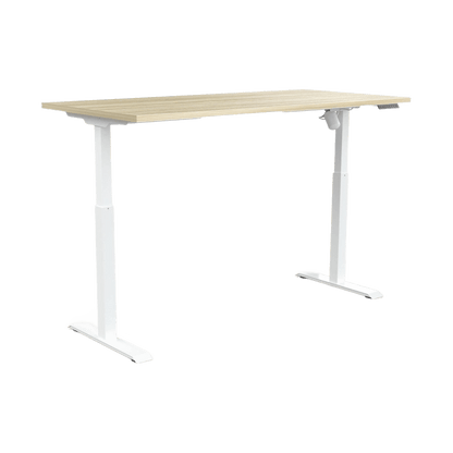 Quick Stand Electric Height Adjustable Desk 1600x750 White Powdercoat New Oak