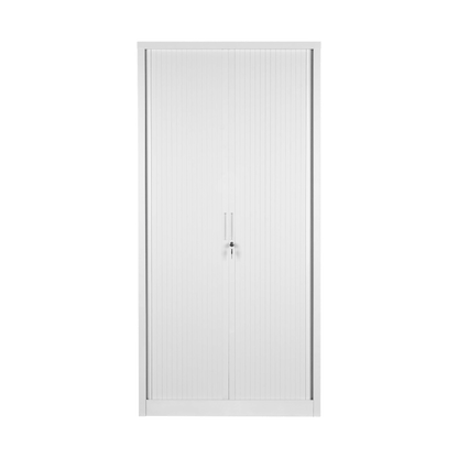 Tall Metal Tambour Storage Cupboard Delivered Flat Packed Light Grey - Office Furniture Company