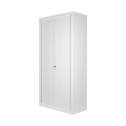 Tall Metal Tambour Storage Cupboard Delivered Flat Packed White - Office Furniture Company