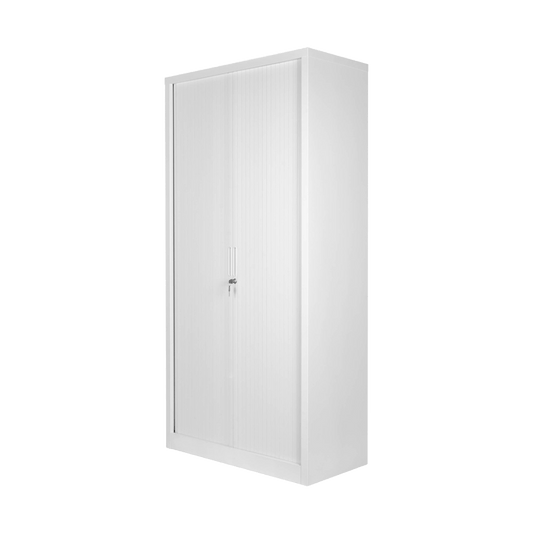 Tall Metal Tambour Storage Cupboard Delivered Flat Packed White - Office Furniture Company