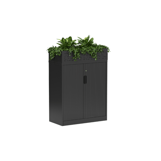 Tempo Tambour Unit with Retracting Doors White Metal 1020H x 900W With Planter